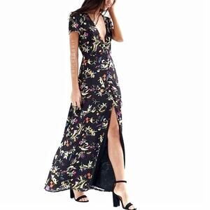 OH MY LOVE Long Black Floral Maxi Dress Sz XS Open Back Front Slit Contemporary